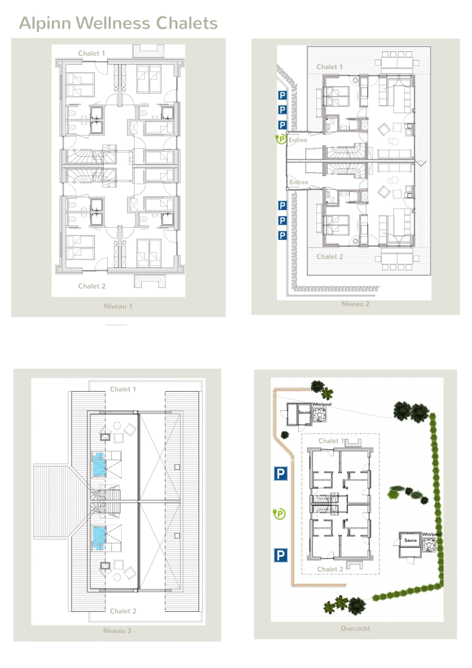Floor plans of the three levels of an AlpInn chalet