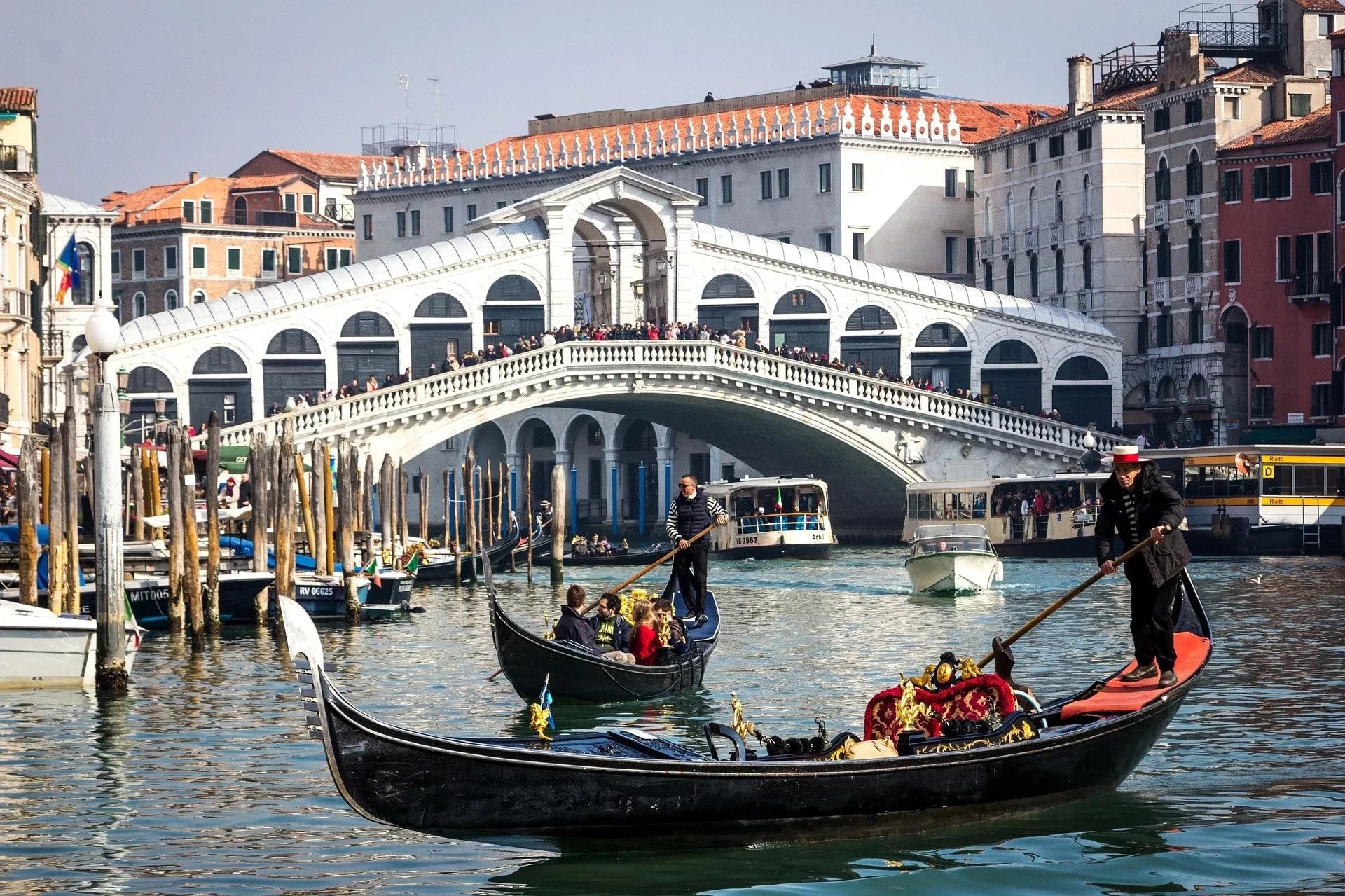 The Rialto Bridge and gondolas in Venice