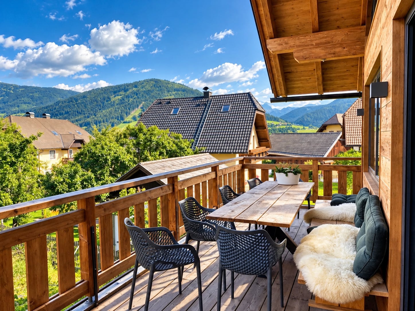 Terrace table with sheepskins and mountain views